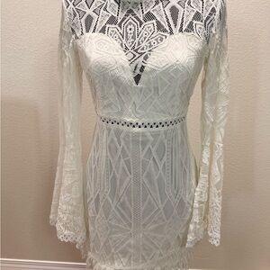 White Long-Sleeve Lace Sheath Dress - Classic Feminine Style bell sleeves bridal